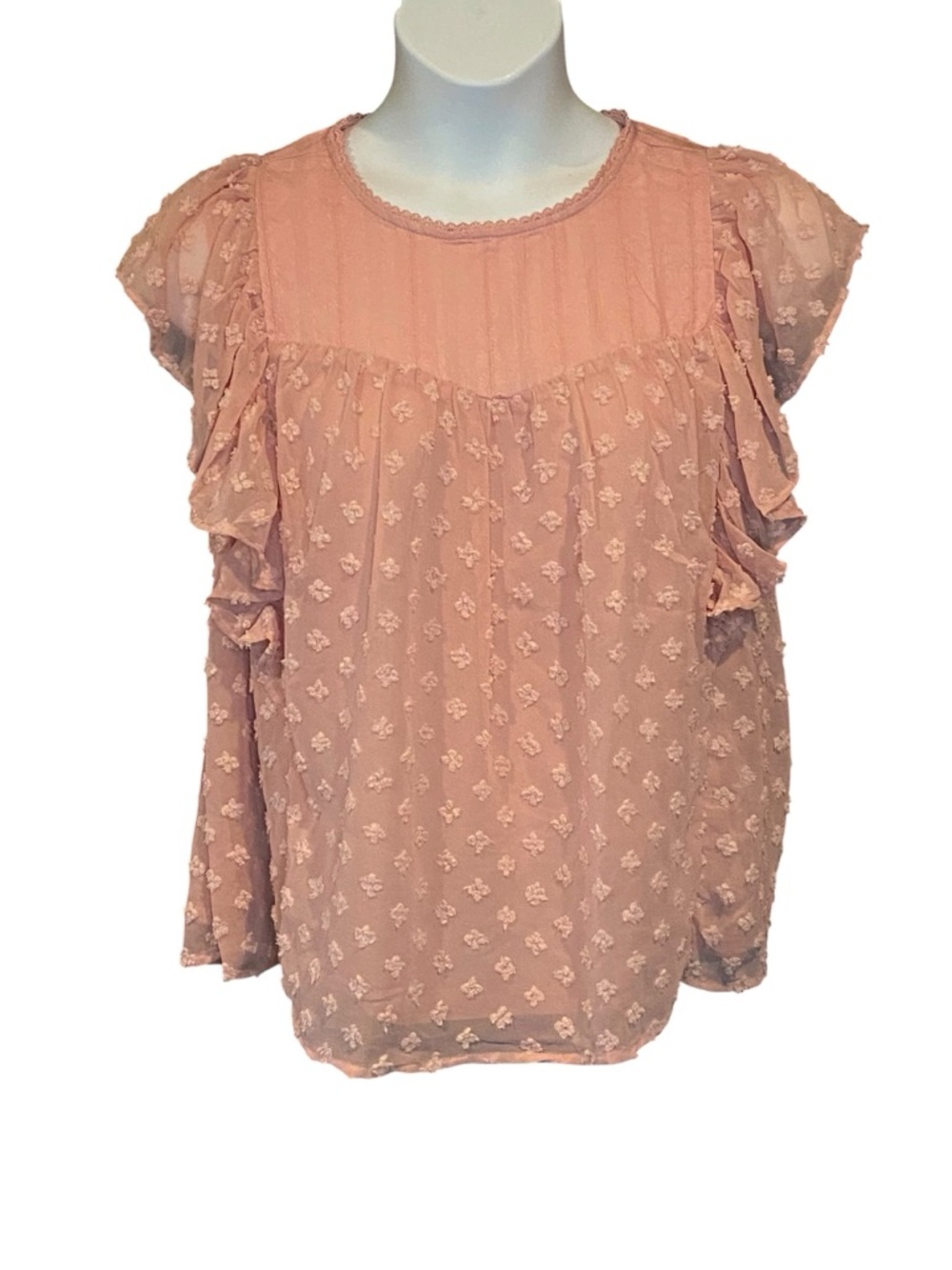Umgee Boutique Style Swiss Dot Ruffle Blouse Womens Size Large NWT Peach Pink